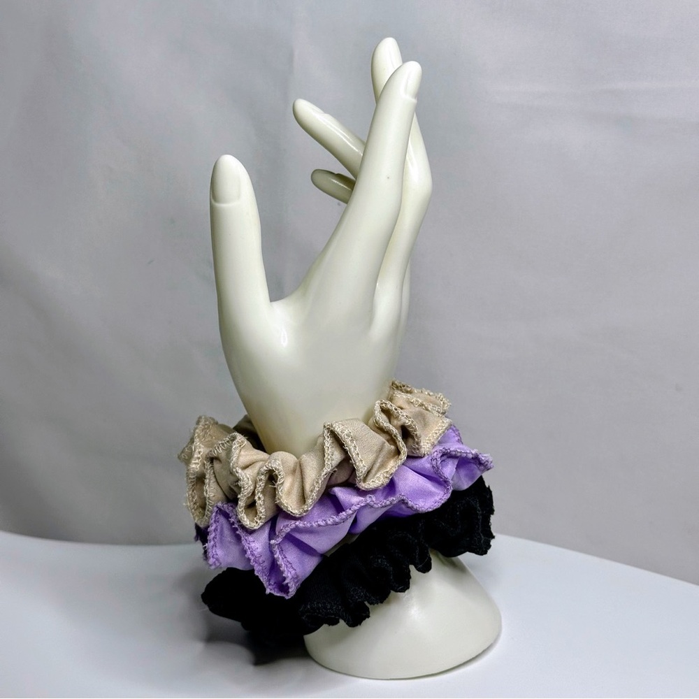 Set of 3 Ruffled Scrunchies - Beige, Lavender, Black - Picture 3 of 3